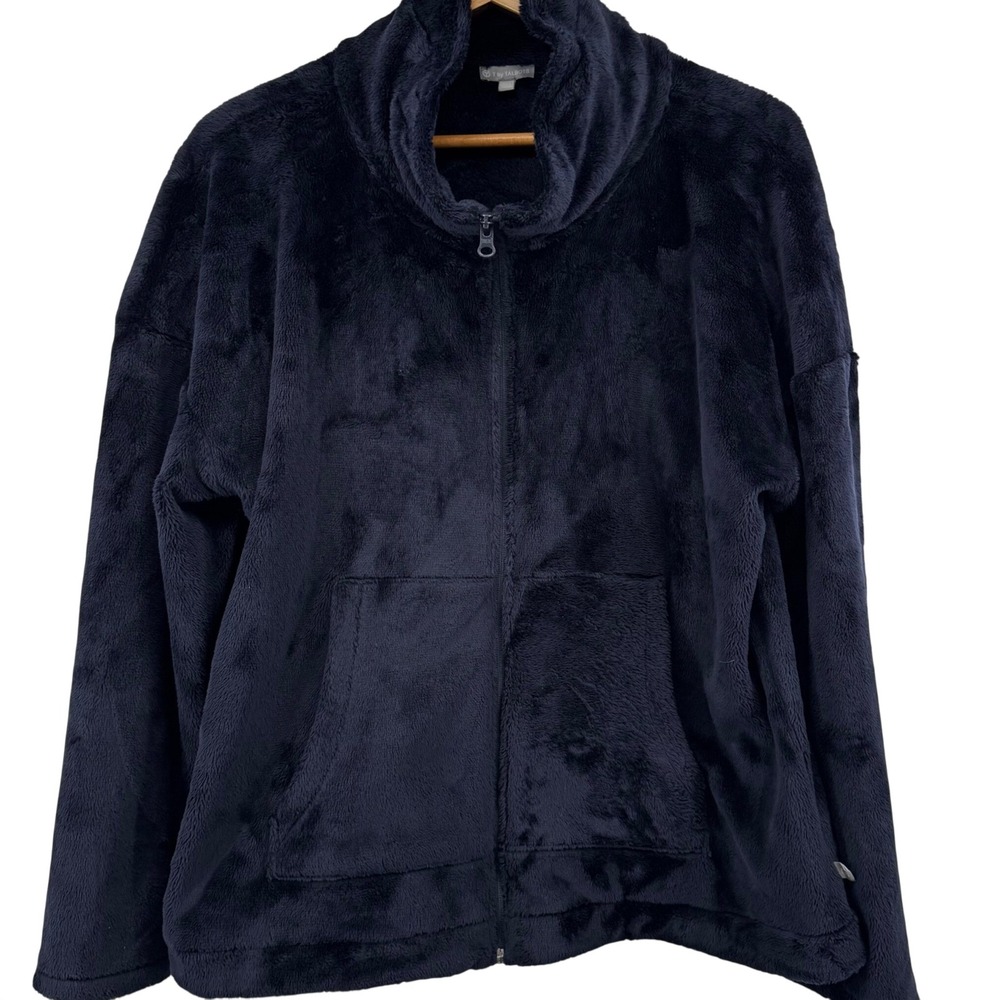 T by Talbots Navy Blue Plush Faux Fur Full Zip Fleece Jacket Petite XL Cabincore